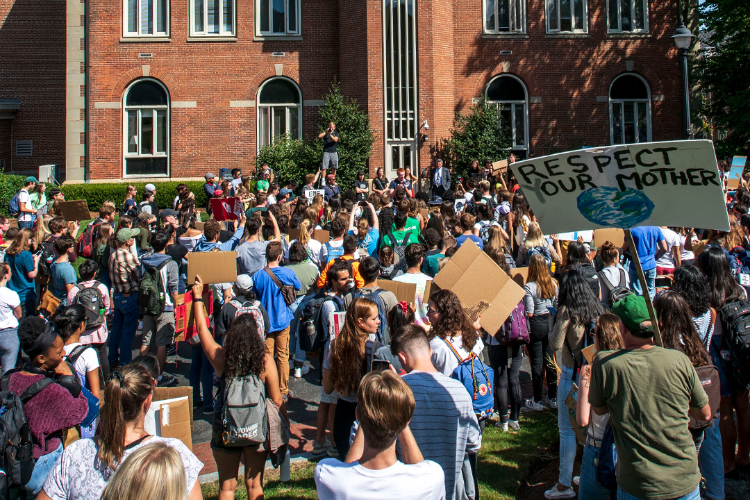 Students engage in a climate demonstration on the Storrs campus.