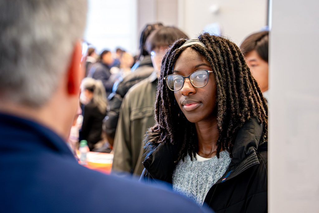 UConn students meet with employers during the spring Internship and Co-Op Fair in the ballroom of the Student Union (SU). Feb. 3, 2026.
